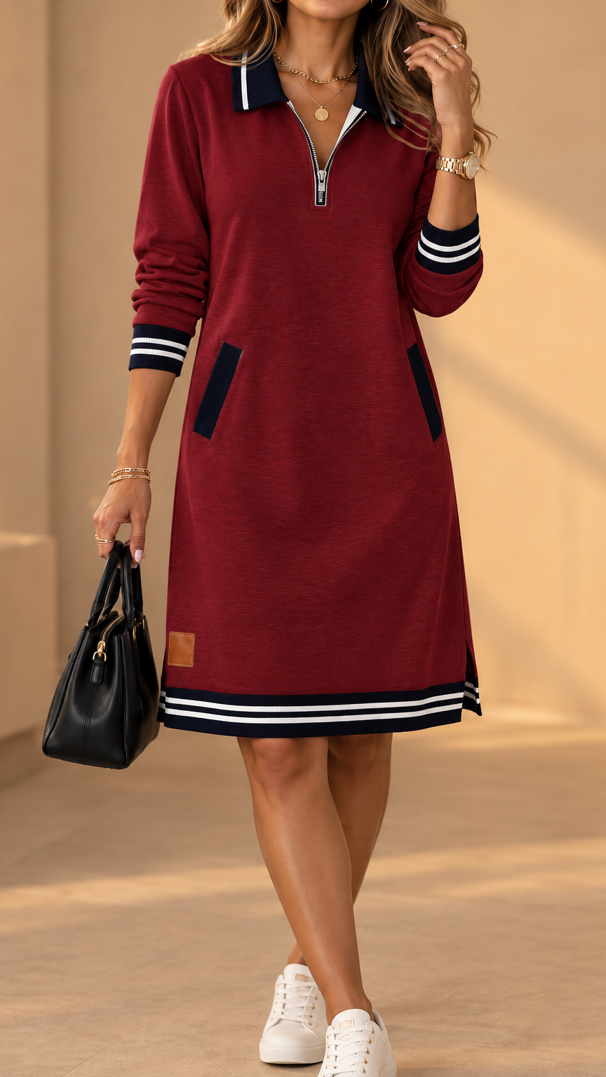 Même robe en bordeaux portée avec des baskets blanches, col marine zippé, bas rayé, petite étiquette en cuir au bas de la jupe. 3