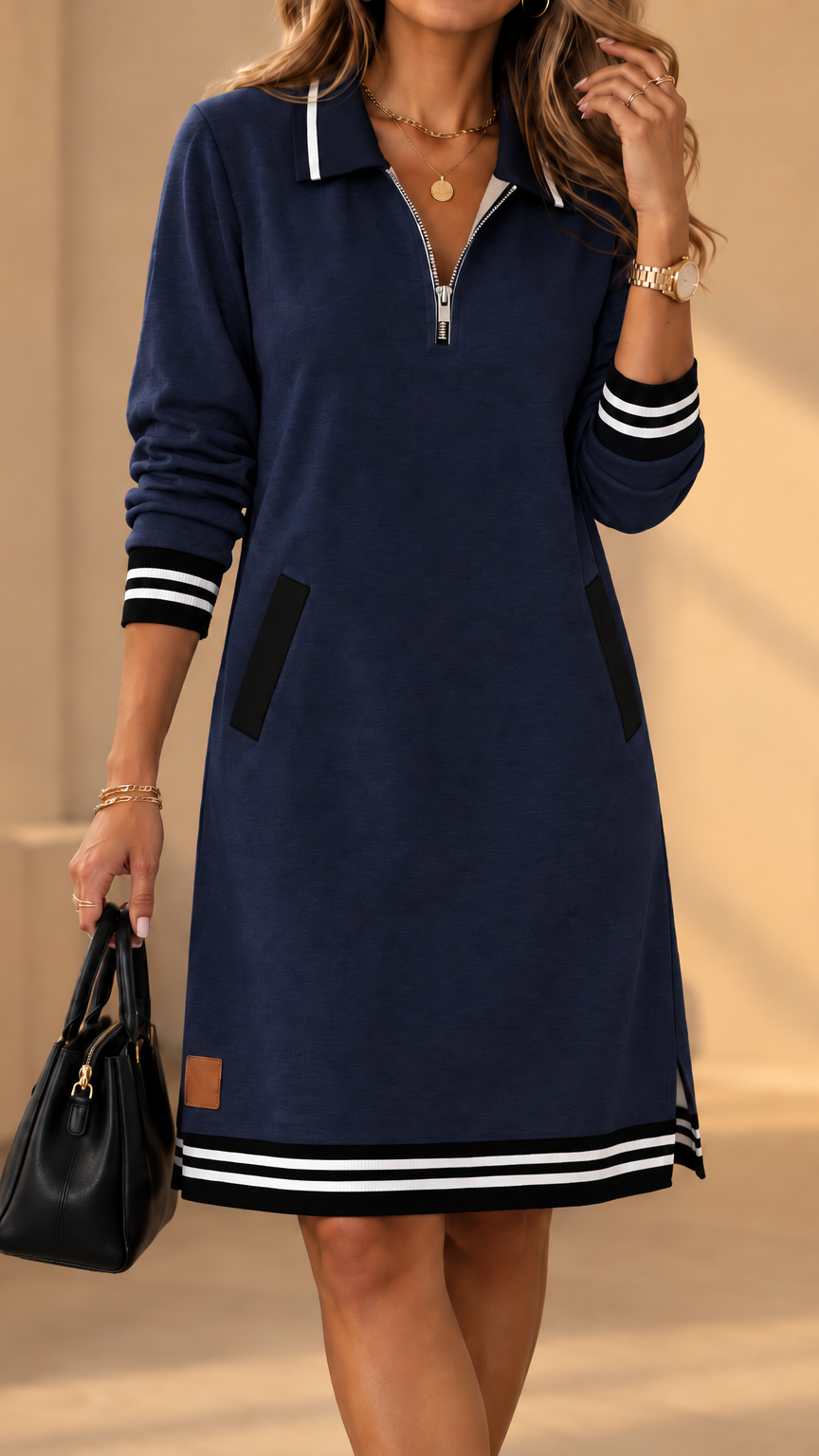 Même robe en bleu marine portée par une mannequin, col polo zippé, poignets et ourlet à rayures noires et blanches, sac noir. 2