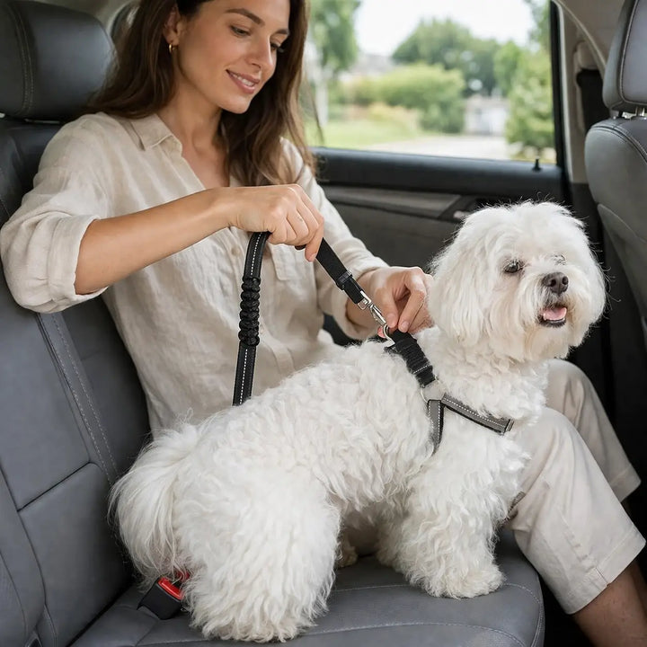 Femme souriante clipsant la ceinture au harnais d'un petit chien blanc assis sur la banquette arrière 10