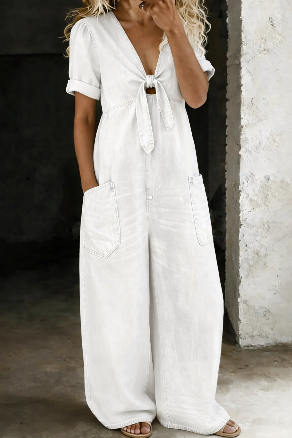 Vue de face portée par un mannequin, version denim blanc, jambes larges et poches plaquées sur les hanches 4