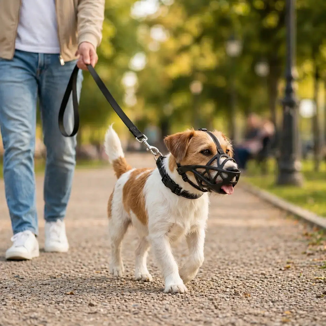 Petit chien blanc et roux muselé qui marche en laisse noire sur un chemin de gravier dans un parc, aux côtés de son maître. 16