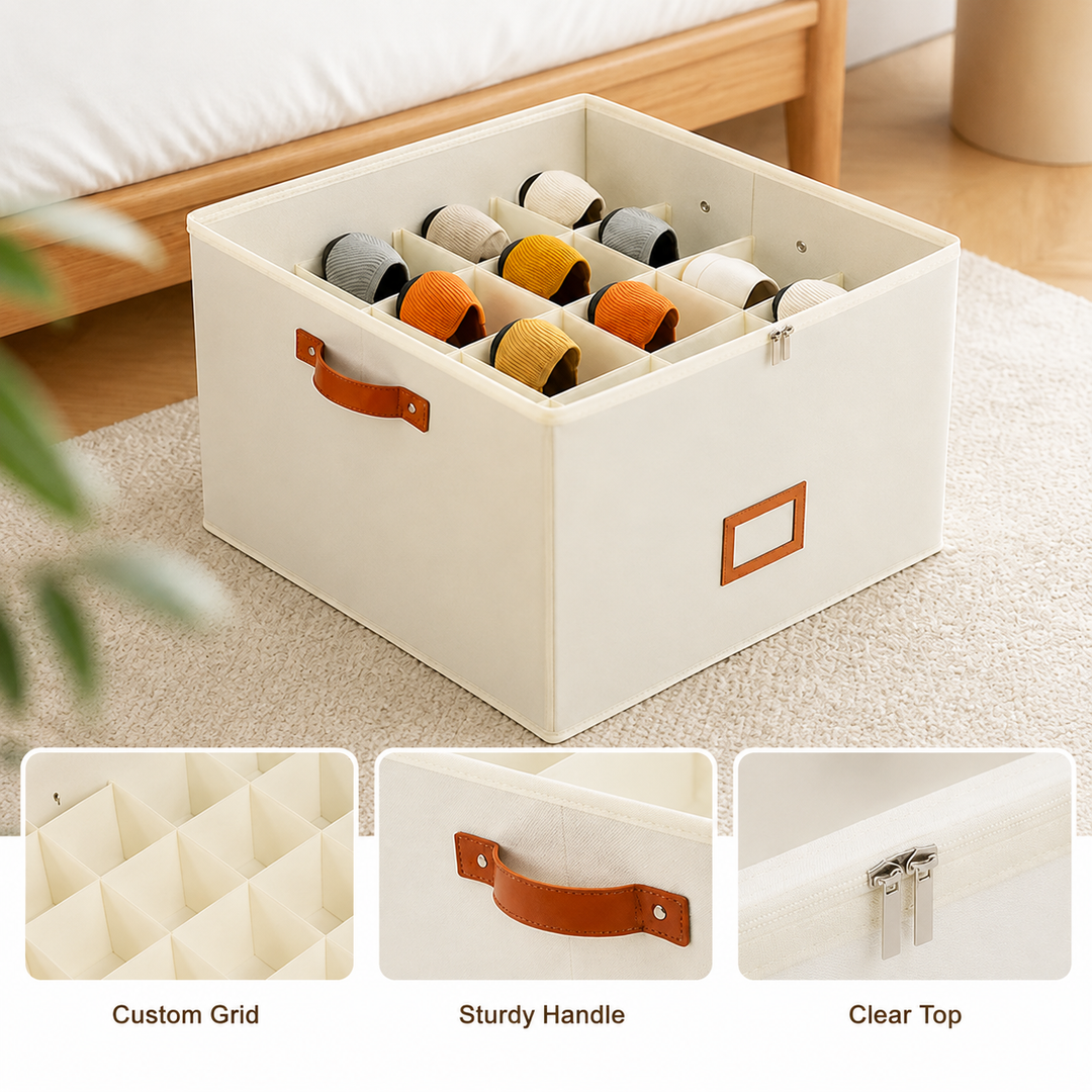 Boîte beige ouverte sur un tapis, avec trois gros plans: grille de compartiments, poignée en similicuir et fermeture à glissière du dessus. 4