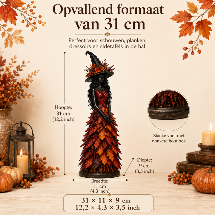 Figurine de sorcière rouge et orangée avec ses cotes indiquées, et un médaillon agrandi montrant son socle sombre d'aspect bois. 3