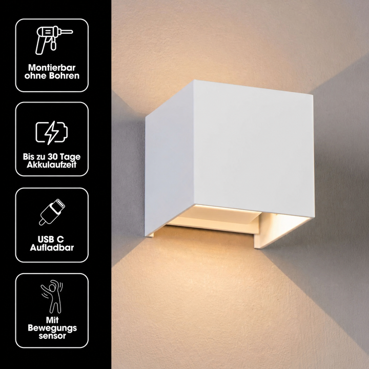 Applique cubique blanche allumée, accompagnée de quatre pictogrammes sur les caractéristiques : montage sans perçage, autonomie, recharge USB-C et détecteur de 19