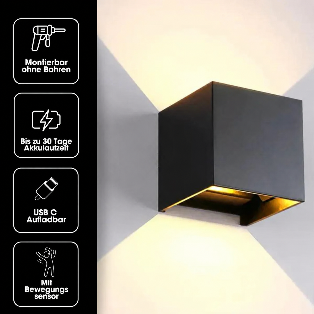 Applique cubique noire allumée, accompagnée de quatre pictogrammes sur les caractéristiques : montage sans perçage, autonomie, recharge USB-C et détecteur de mo 18