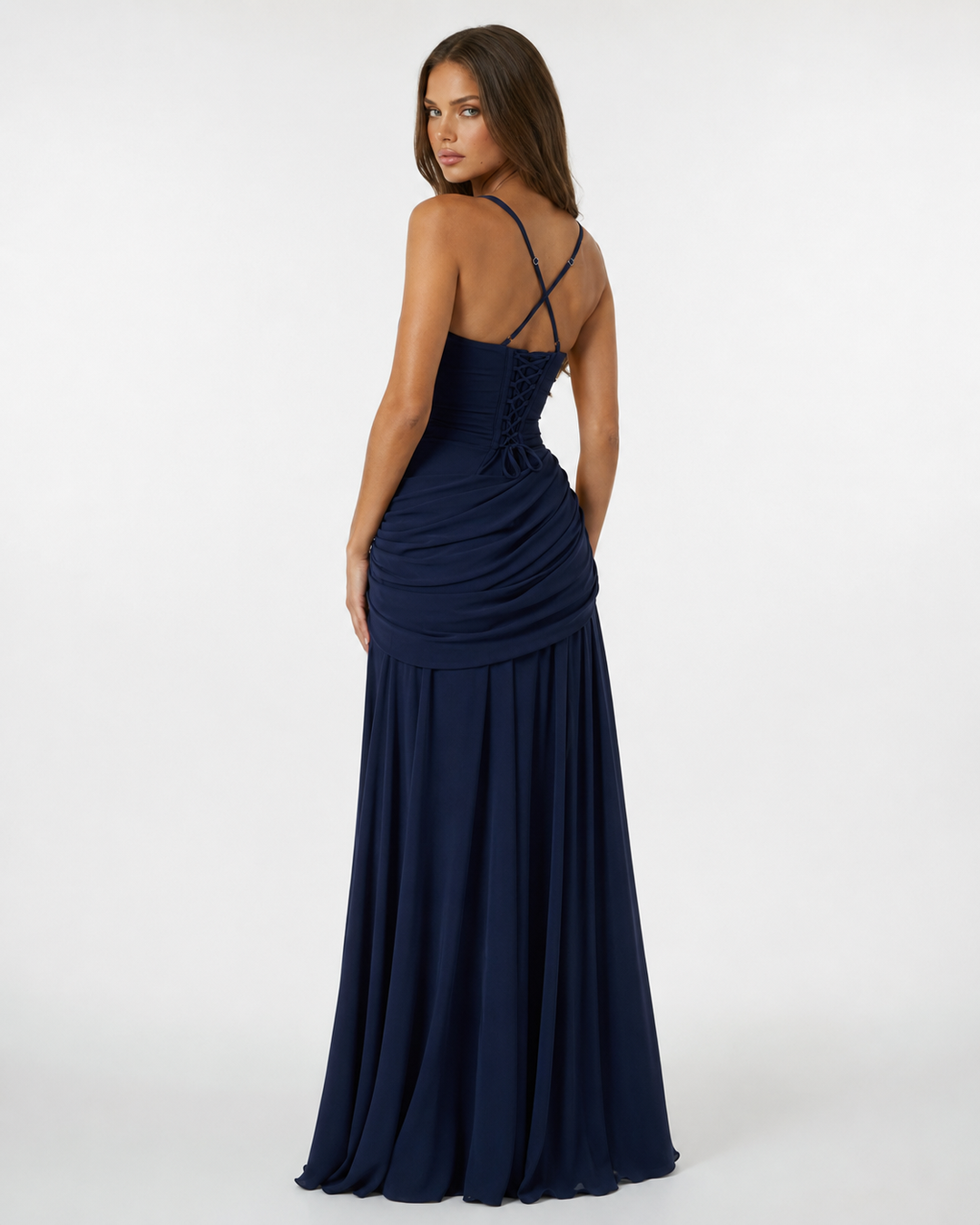 Robe bleu marine vue de dos, corset lacé et bretelles croisées, drapé froncé sous la taille. 8