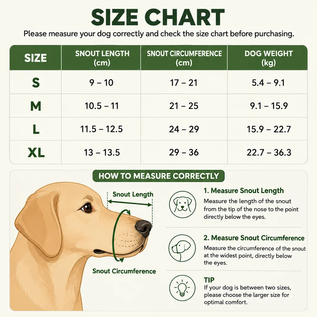 Tableau des tailles S à XL avec longueur et tour de museau, poids du chien, et schéma pour mesurer correctement. 10