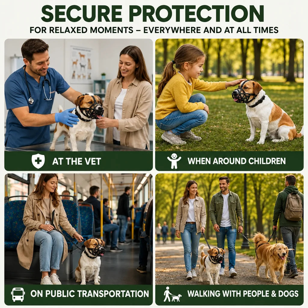 Quatre situations avec un chien muselé : chez le vétérinaire, près d'une enfant, dans un bus et en balade avec d'autres chiens. 7