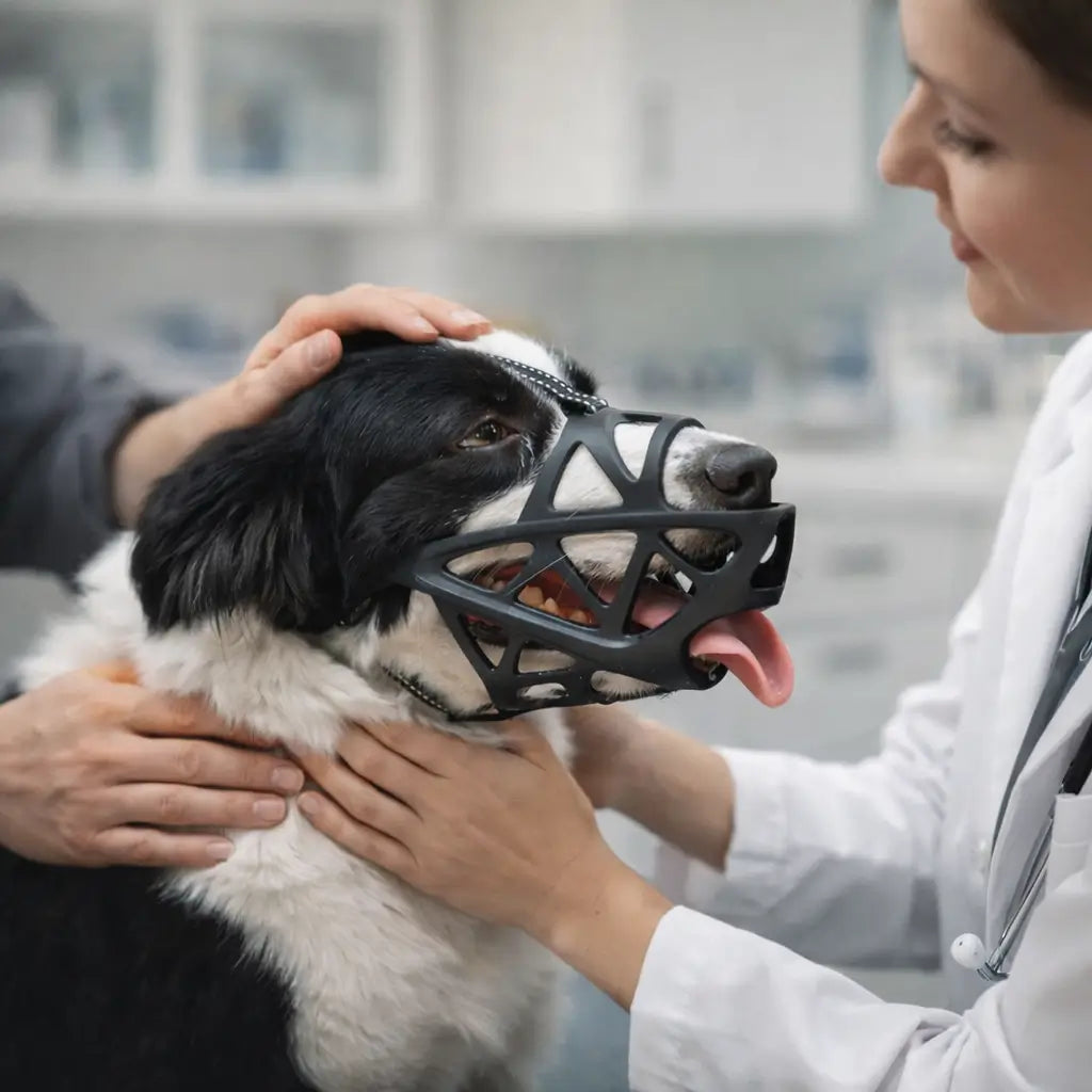 Vétérinaire en blouse blanche examinant un chien noir et blanc muselé, maintenu par son maître, langue dehors. 14