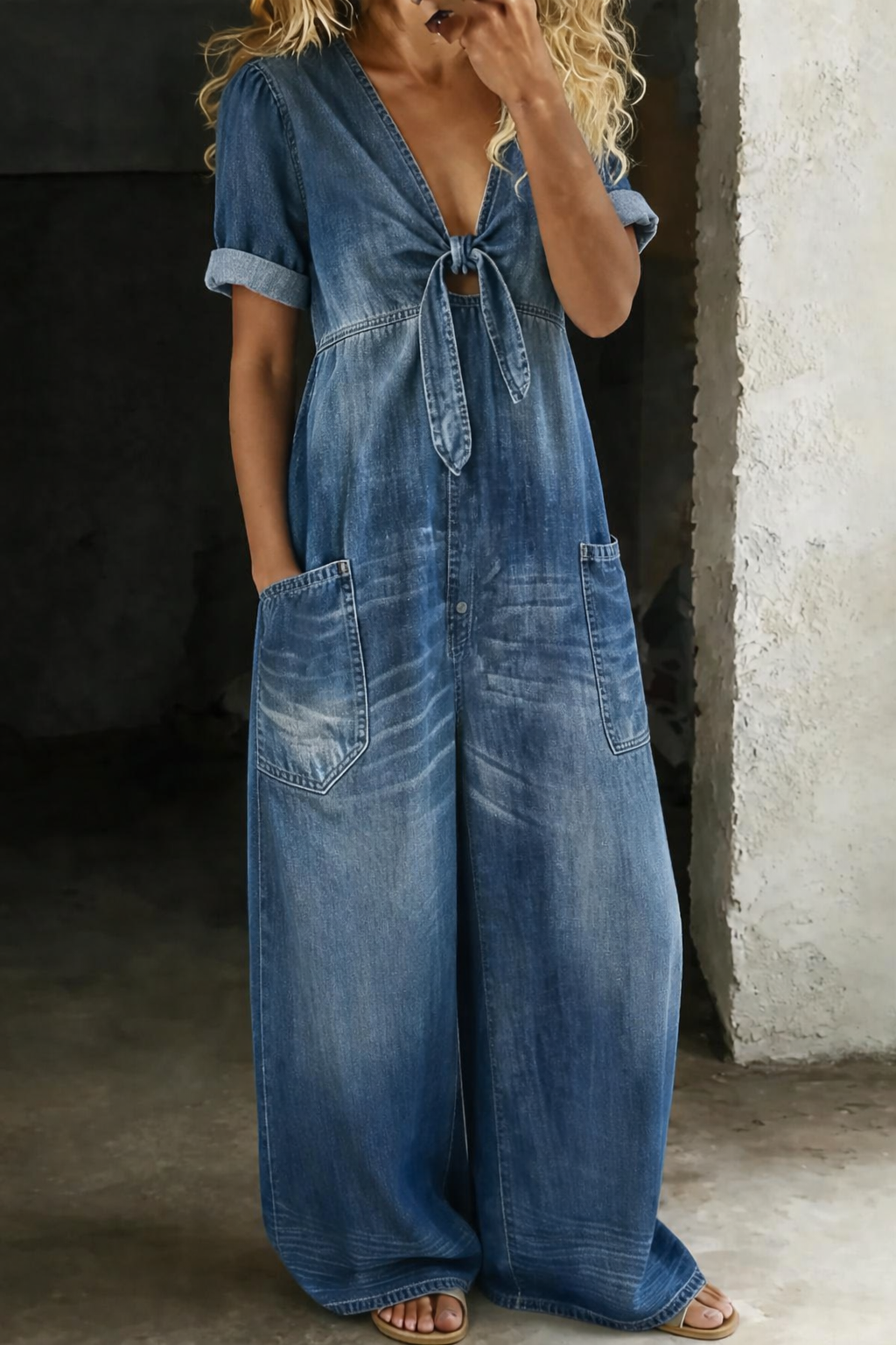 Vue de face portée par un mannequin, version denim bleu foncé délavé, nœud sur le buste 1
