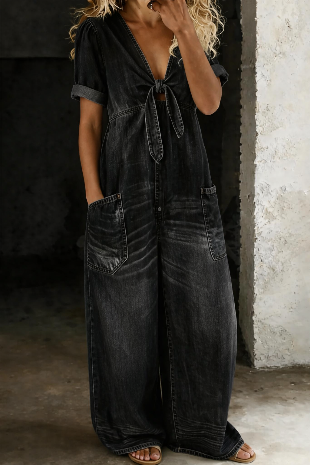 Vue de face portée par un mannequin, version denim noir délavé, avec nœud sur le devant 3