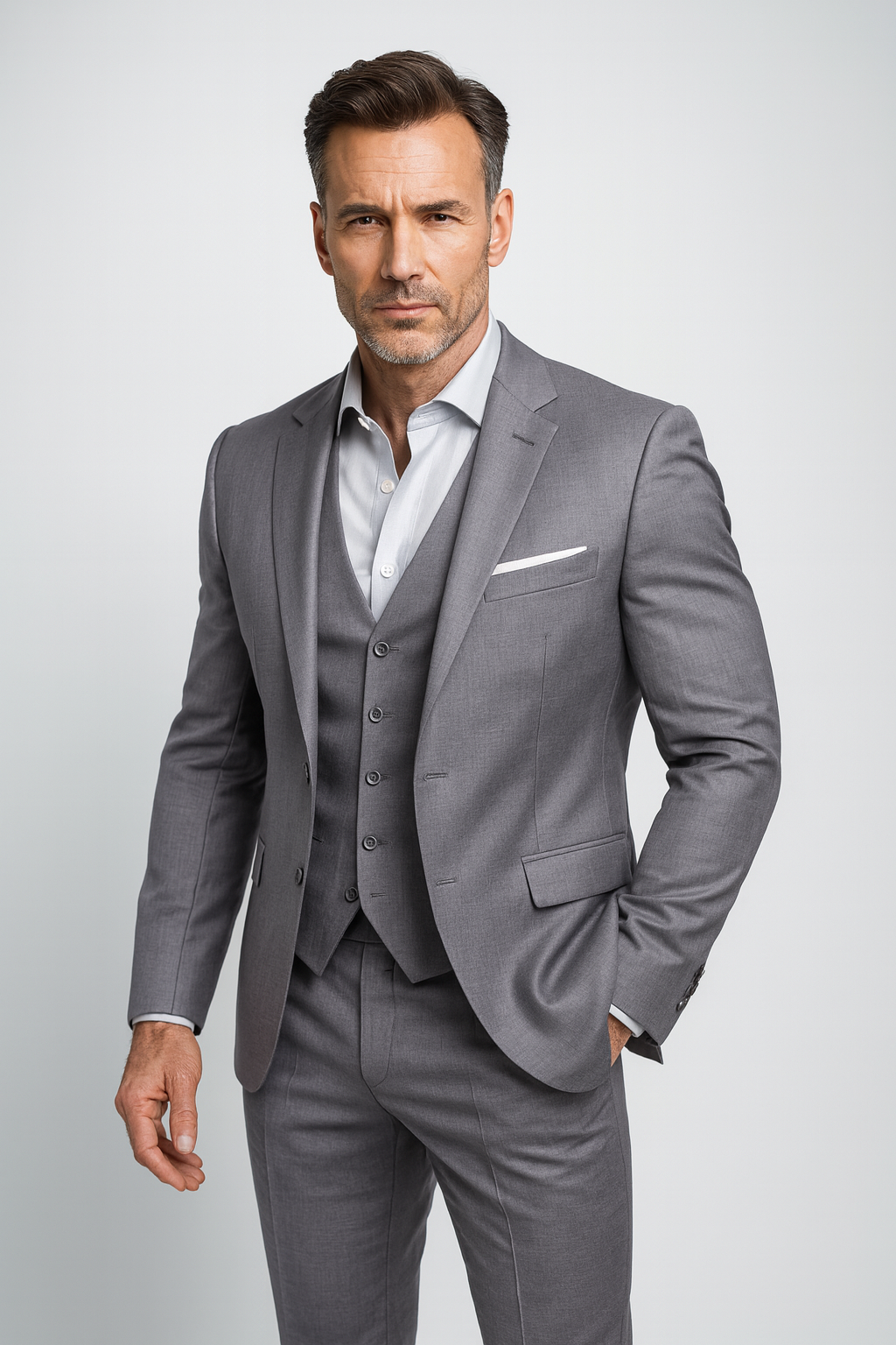 Homme présentant le costume trois pièces gris chiné avec chemise blanche col ouvert, gilet boutonné et pochette blanche. 3
