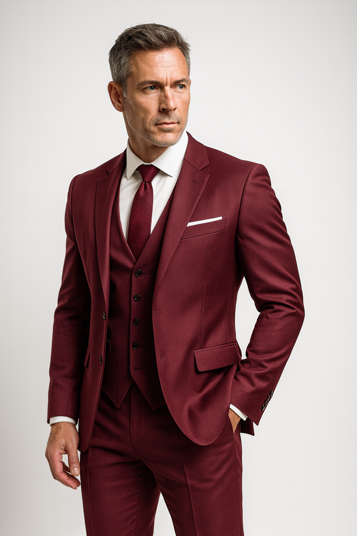 Homme en costume trois pièces bordeaux avec cravate assortie, chemise blanche et pochette, posant de trois quarts le regard au loin. 5