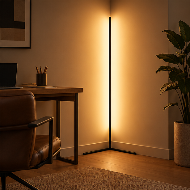 Lampe d'angle noire allumée dans un coin bureau, à côté d'une chaise en cuir et d'une grande plante. 3