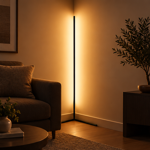 Lampe d'angle noire allumée en lumière chaude dans un salon, entre un canapé et un meuble en bois. 1