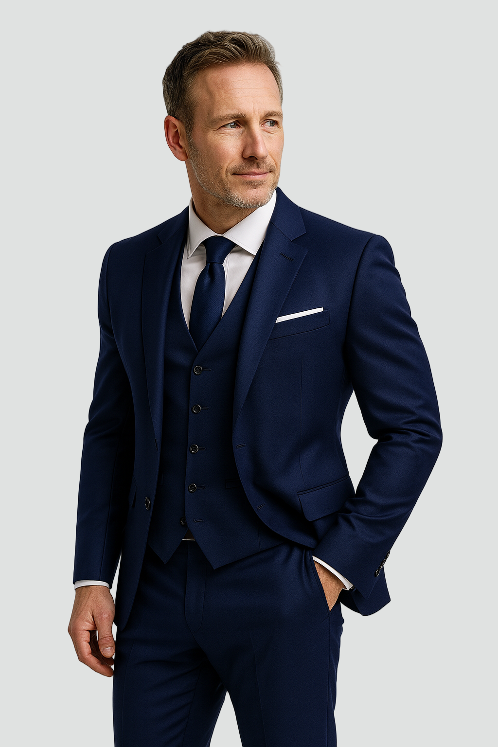 Homme portant un costume trois pièces bleu marine avec cravate assortie et pochette blanche, regard tourné vers la gauche. 1