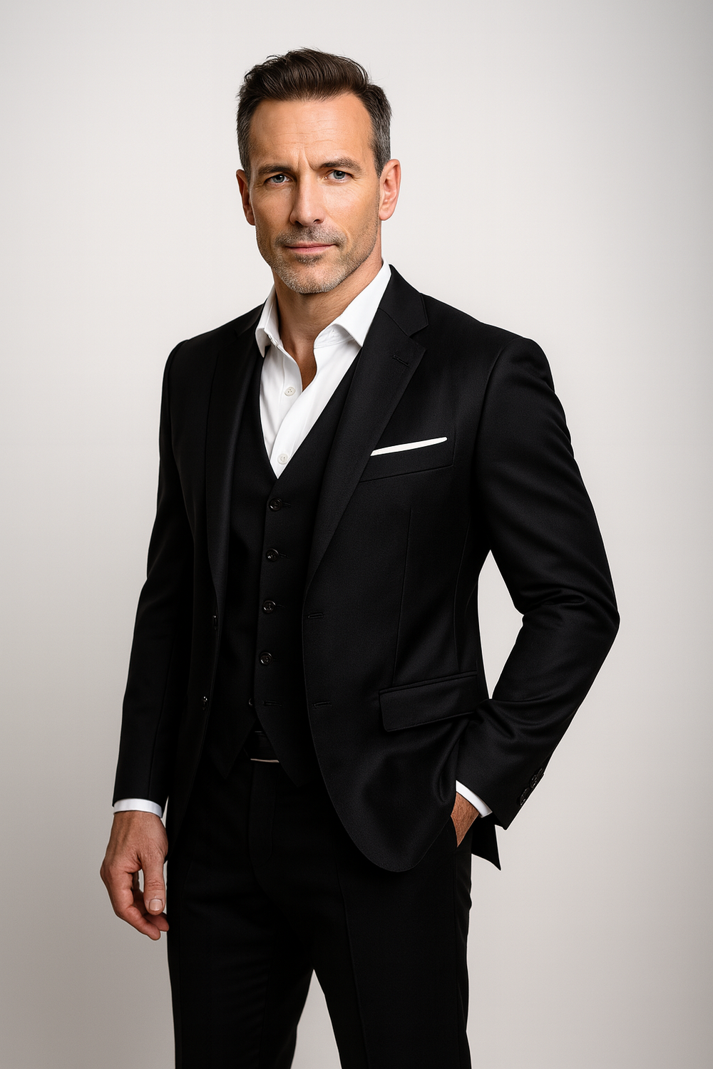 Homme en costume trois pièces noir avec chemise blanche col ouvert et pochette, face à l'objectif, une main dans la poche. 2