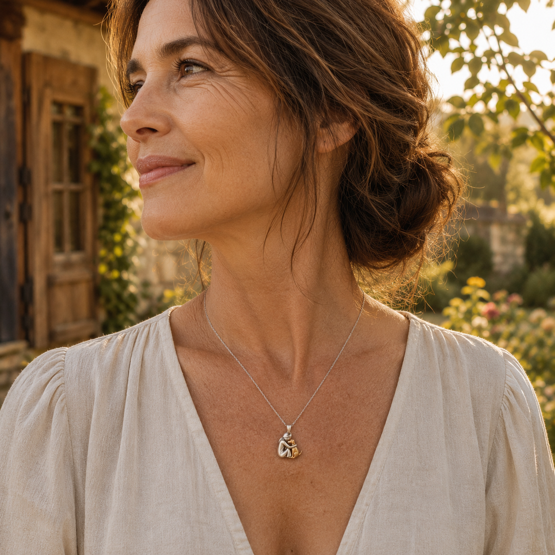 Portrait d'une femme souriante en blouse crème, dehors à la lumière dorée, portant le collier avec pendentif personne et animal. 9