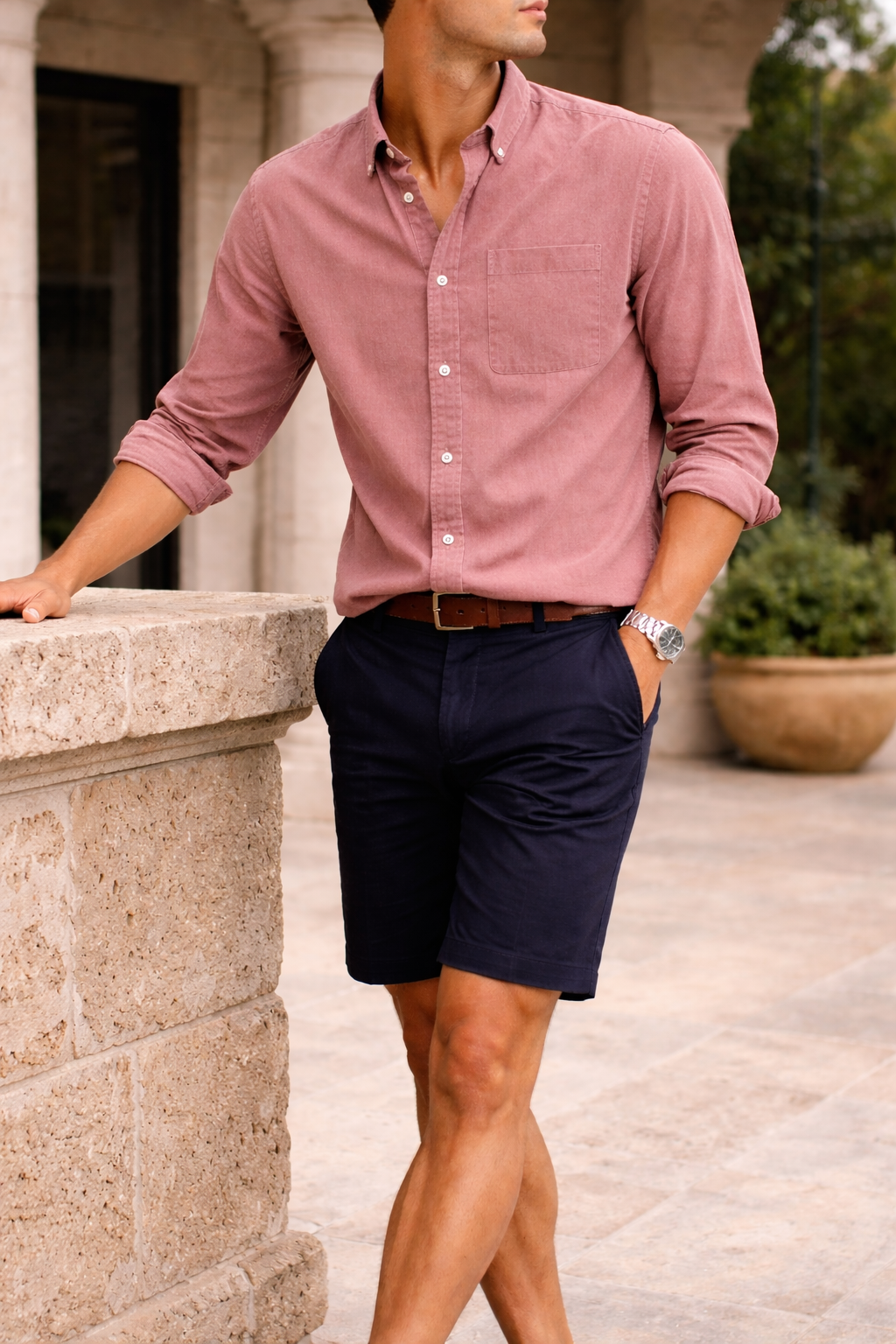 Chemise rose poudré à poche poitrine portée par un homme appuyé contre un muret en pierre, avec un short bleu marine. 2
