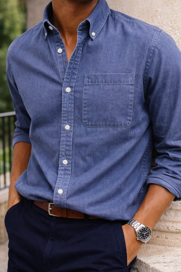 Gros plan sur une chemise bleu denim délavé, avec poche poitrine et boutons blancs, portée avec un pantalon bleu marine. 6