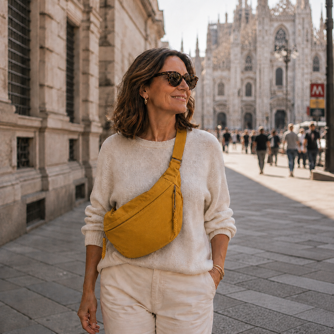 Femme souriante en lunettes de soleil portant le sac ocre en bandoulière devant une grande cathédrale gothique. 4