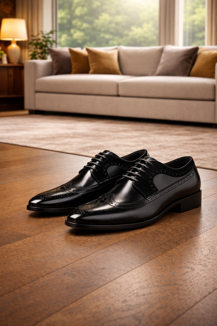 Paire de chaussures en cuir noir brillant à lacets et motifs perforés posée sur un parquet devant un canapé. 4