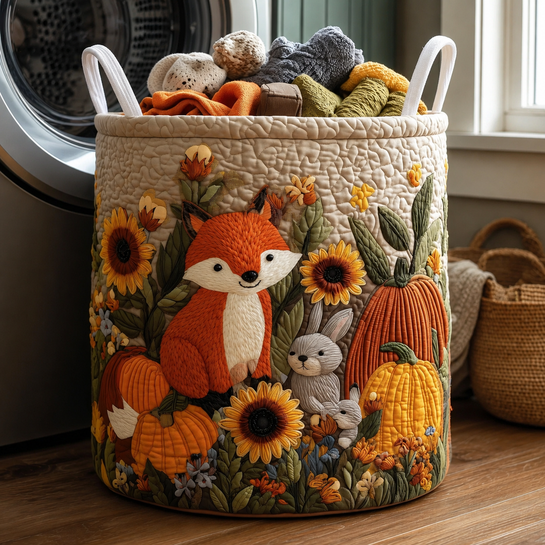 Panier rond matelassé décoré d'un renard, de tournesols et de citrouilles, rempli de linge devant un lave-linge 1