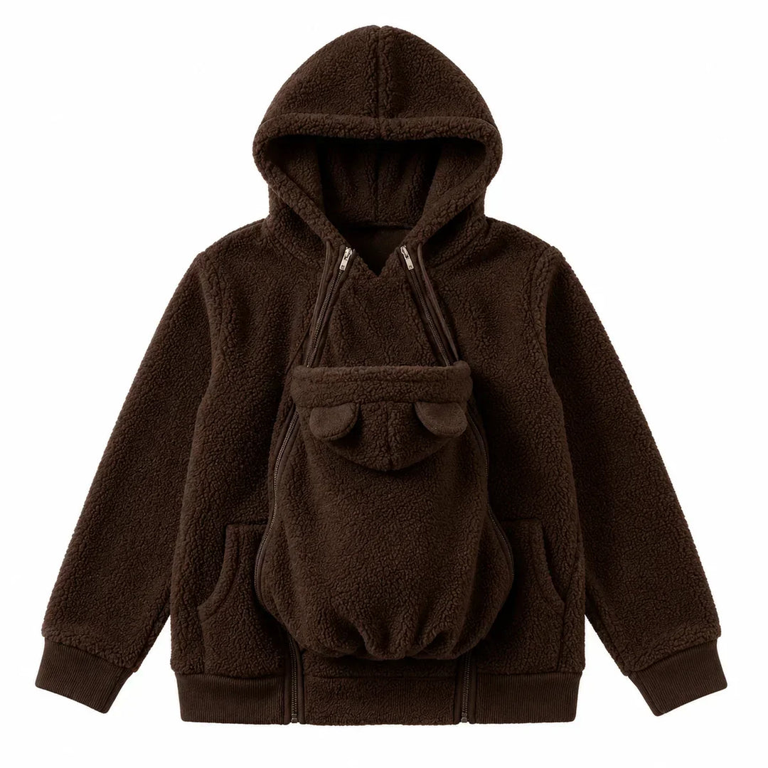 Sweat à capuche marron chocolat en sherpa à plat, panneau porte-bébé à oreilles d'ourson et poches. 14