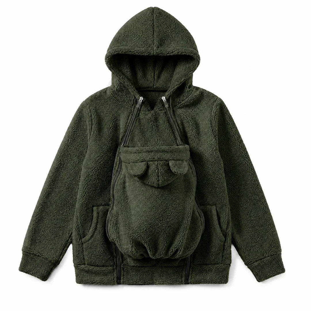 Sweat à capuche vert kaki en sherpa à plat, panneau porte-bébé à oreilles d'ourson et deux poches. 15
