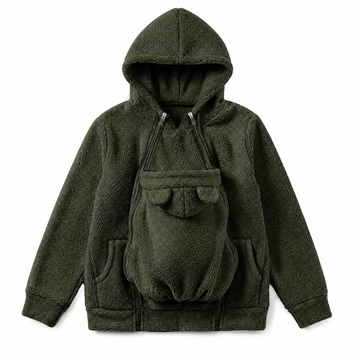 Sweat à capuche vert kaki en sherpa à plat, panneau porte-bébé à oreilles d'ourson et deux poches. 15