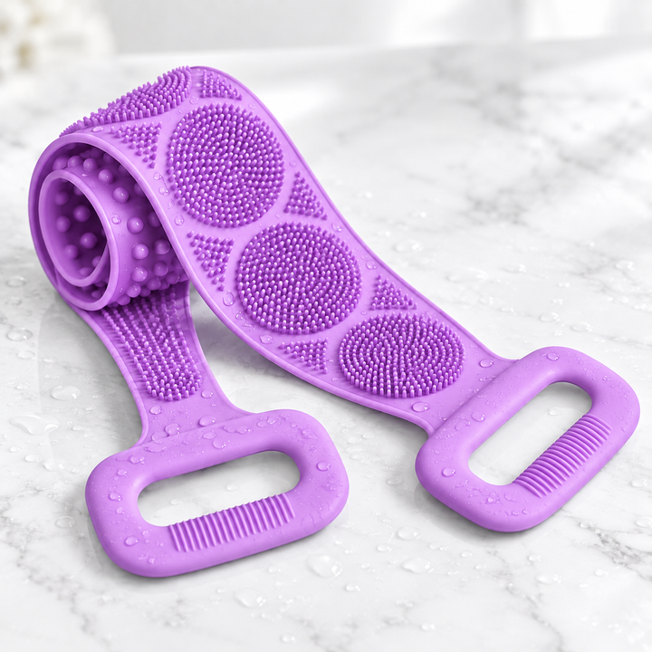 Bande en silicone violette enroulée sur un marbre humide, poignées et picots en cercles bien visibles 12