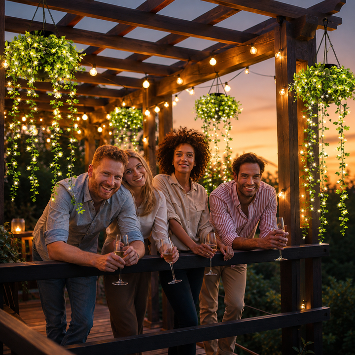 Quatre amis souriants, verre à la main, accoudés à une rambarde au crépuscule, entourés de suspensions de lierre illuminées sous une pergola. 3