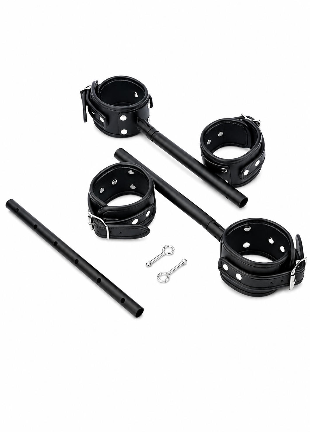 Contenu du kit disposé sur fond blanc : bracelets noirs, tubes d'extension perforés de la barre et deux clés 8