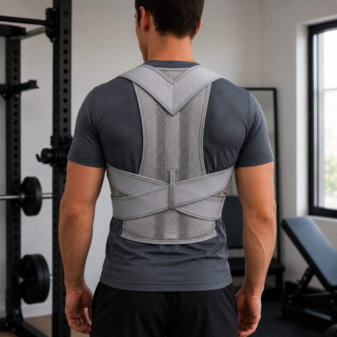 Homme de dos dans une salle de sport portant le correcteur gris en maille avec sangles croisées dans le bas du dos. 1