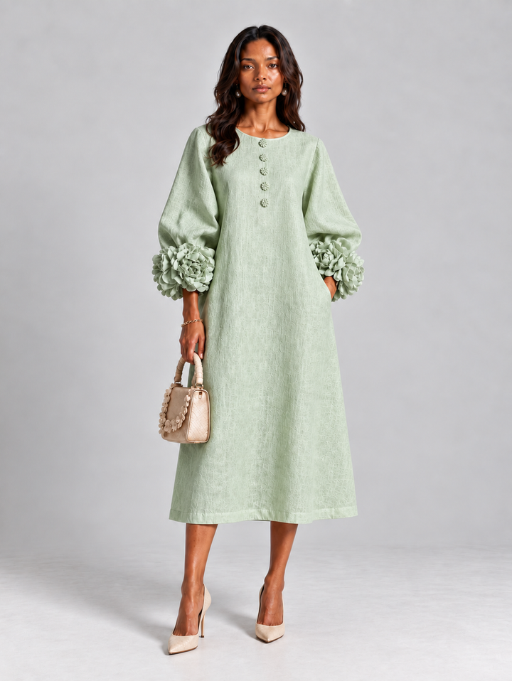 Robe vert d'eau pâle portée de face avec un petit sac beige et des escarpins clairs, manches bouffantes à fleurs. 8