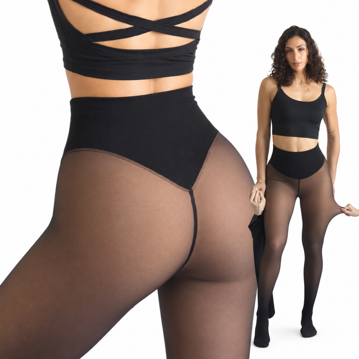 Gros plan de dos du collant noir à bande taille haute sur une femme en brassière croisée, avec vue en pied. 9