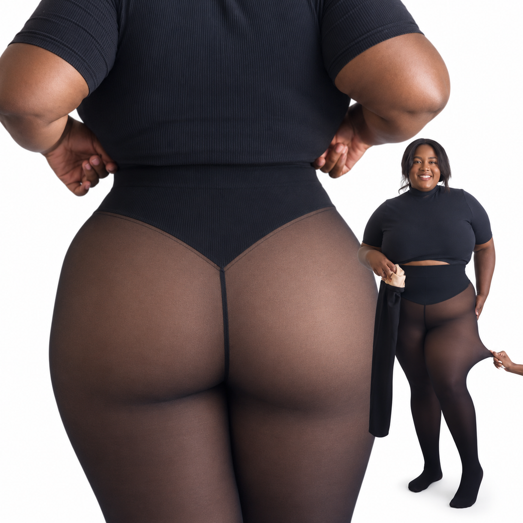 Vue de dos en grande taille du collant noir à bande côtelée, avec la mannequin souriante étirant la jambe en médaillon. 4