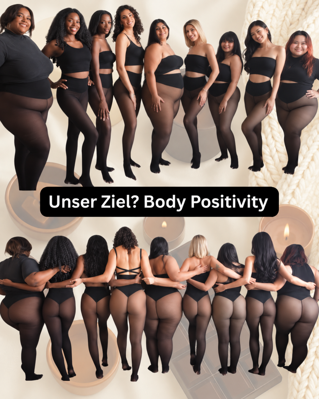 Groupe de neuf femmes de morphologies différentes en collants noirs, posant de face puis de dos, bras sur les épaules. 7