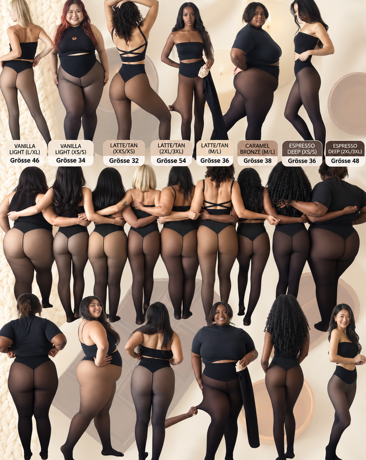 Planche de neuf mannequins de morphologies variées, vues de dos et de face, portant le collant dans différents coloris et tailles. 6