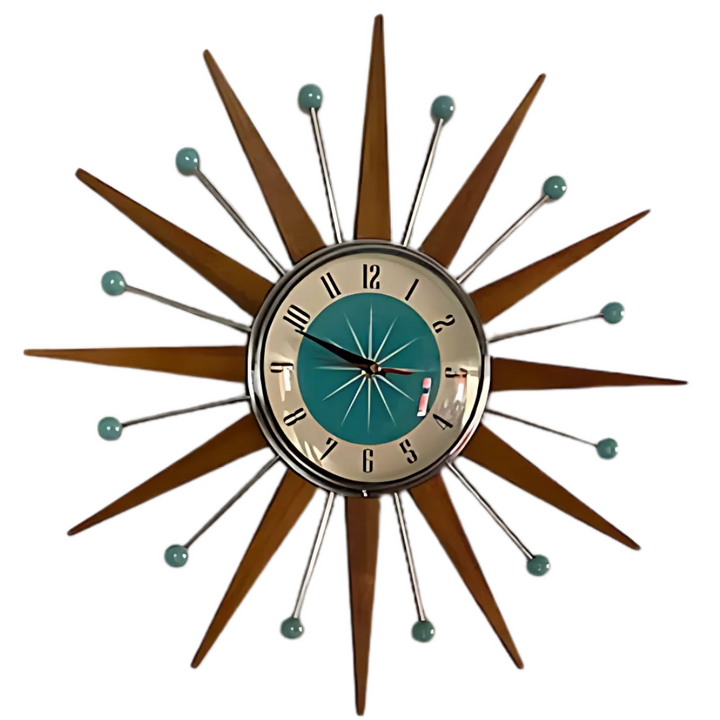 Horloge en étoile sur fond blanc, avec rayons en bois, tiges chromées à boules turquoise et cadran turquoise et crème. 1