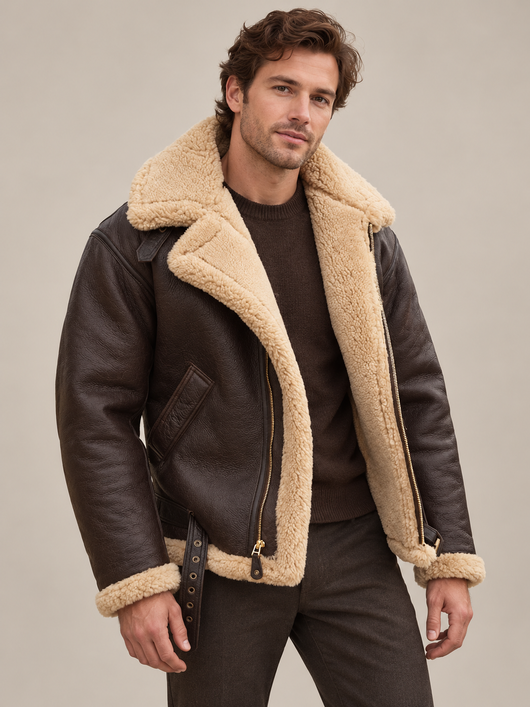 Homme en veste de cuir brun doublée de laine bouclée beige, portée ouverte sur un pull, fond neutre 1