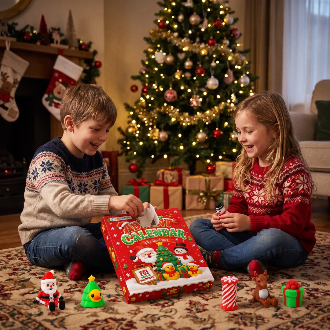 Deux enfants en pull de Noël ouvrent la boîte du calendrier devant le sapin, figurines posées sur le tapis 1