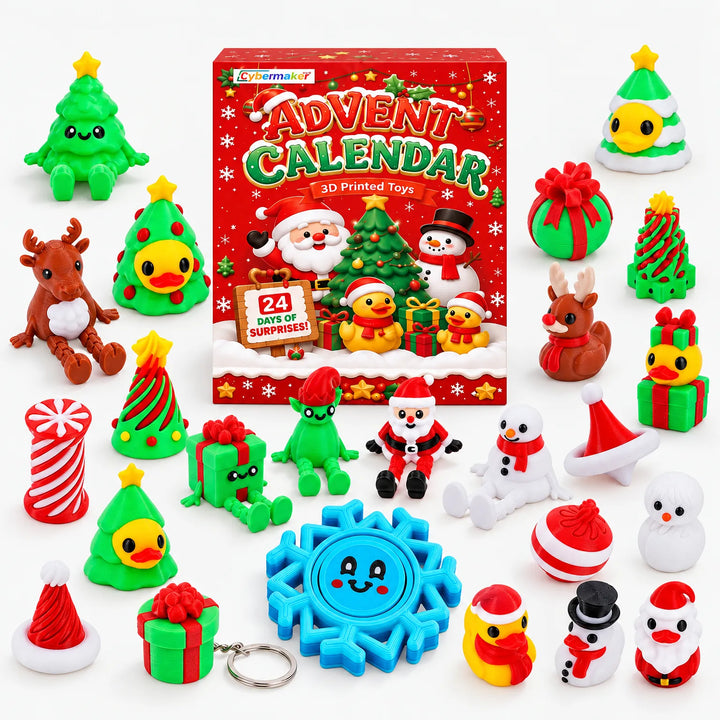 Boîte rouge du calendrier entourée de ses figurines 3D : sapins, rennes, canards, bonhommes de neige, père Noël et flocon 2