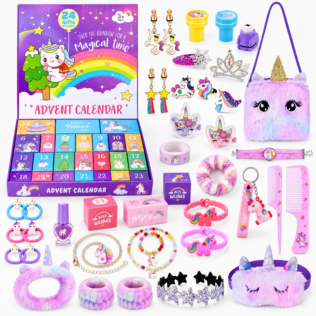 Calendrier ouvert avec ses 24 cases numérotées et tous les accessoires licorne exposés autour : bijoux, pochette, serre-tête 2