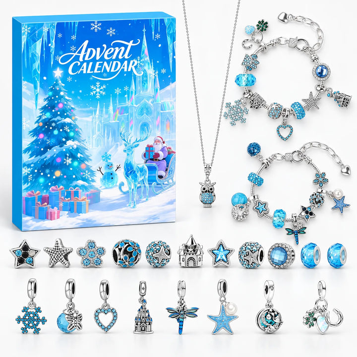 Contenu du calendrier à plat : boîte bleue, collier hibou, deux bracelets et charms en strass bleus 2