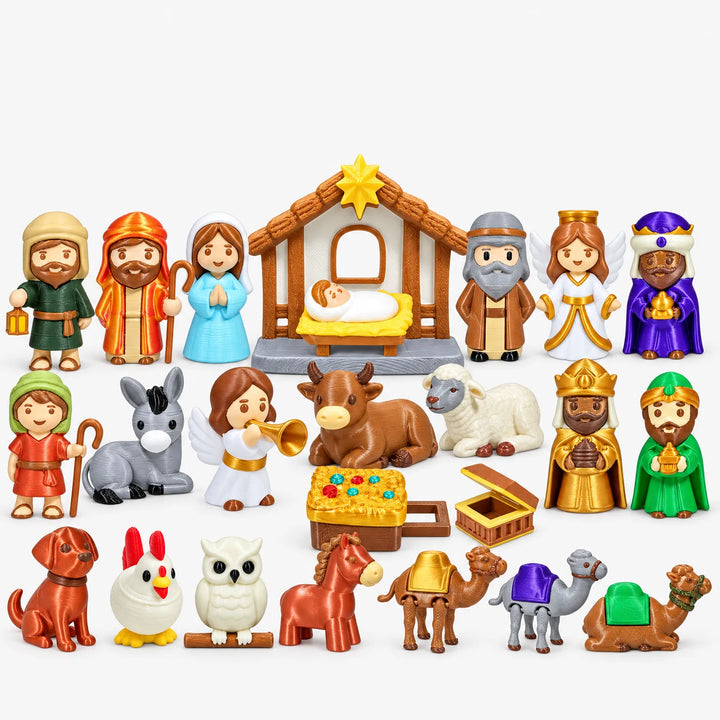 Toutes les figurines colorées de la Nativité sur fond blanc : étable, personnages, anges, rois mages et animaux 2