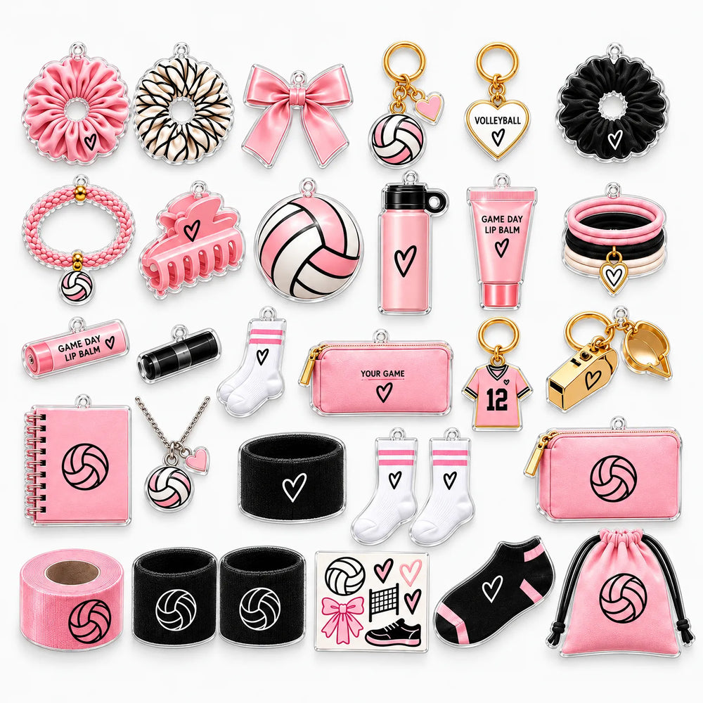 Tous les petits accessoires rose, noir et blanc du calendrier, présentés à plat sur fond blanc 2