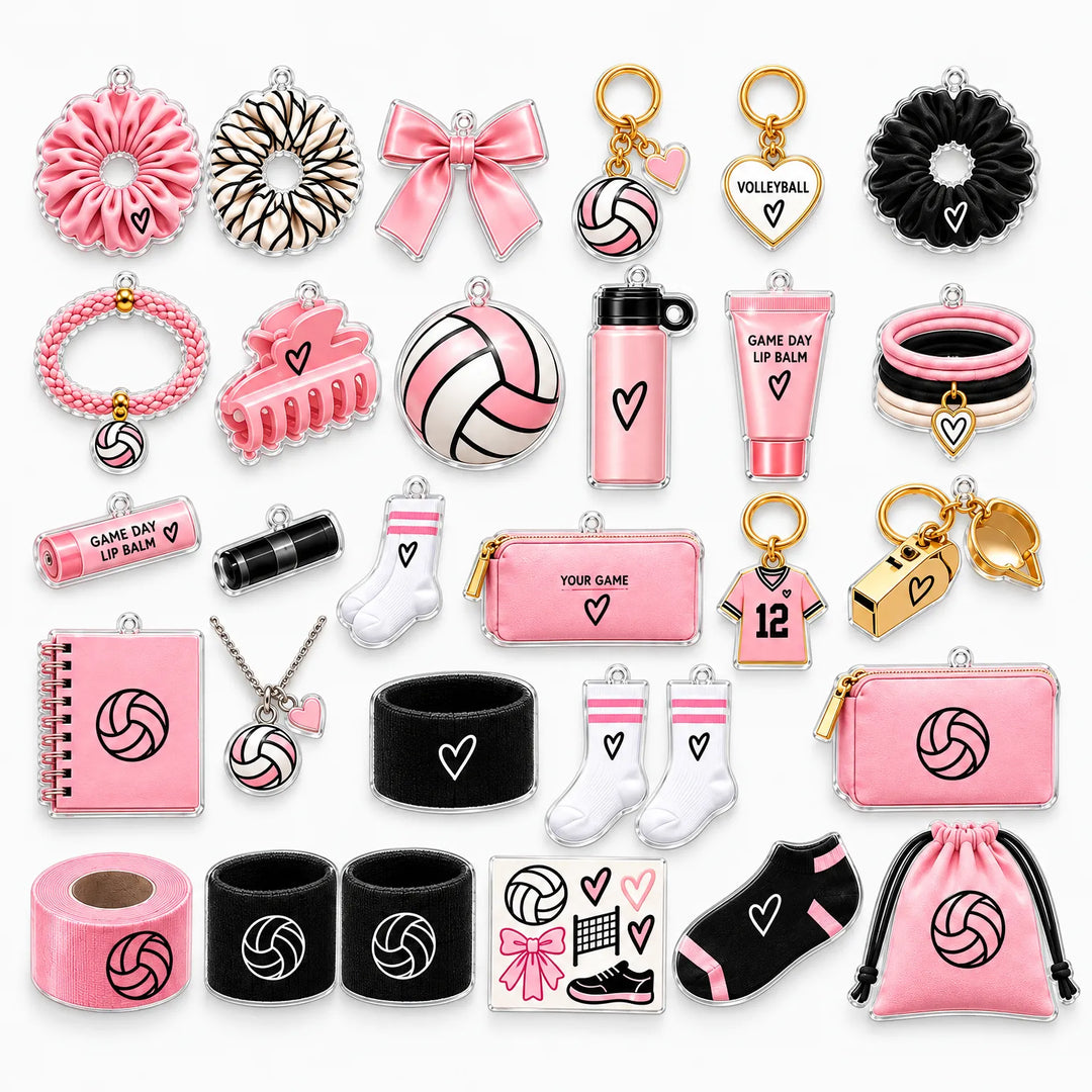 Tous les petits accessoires rose, noir et blanc du calendrier, présentés à plat sur fond blanc 2