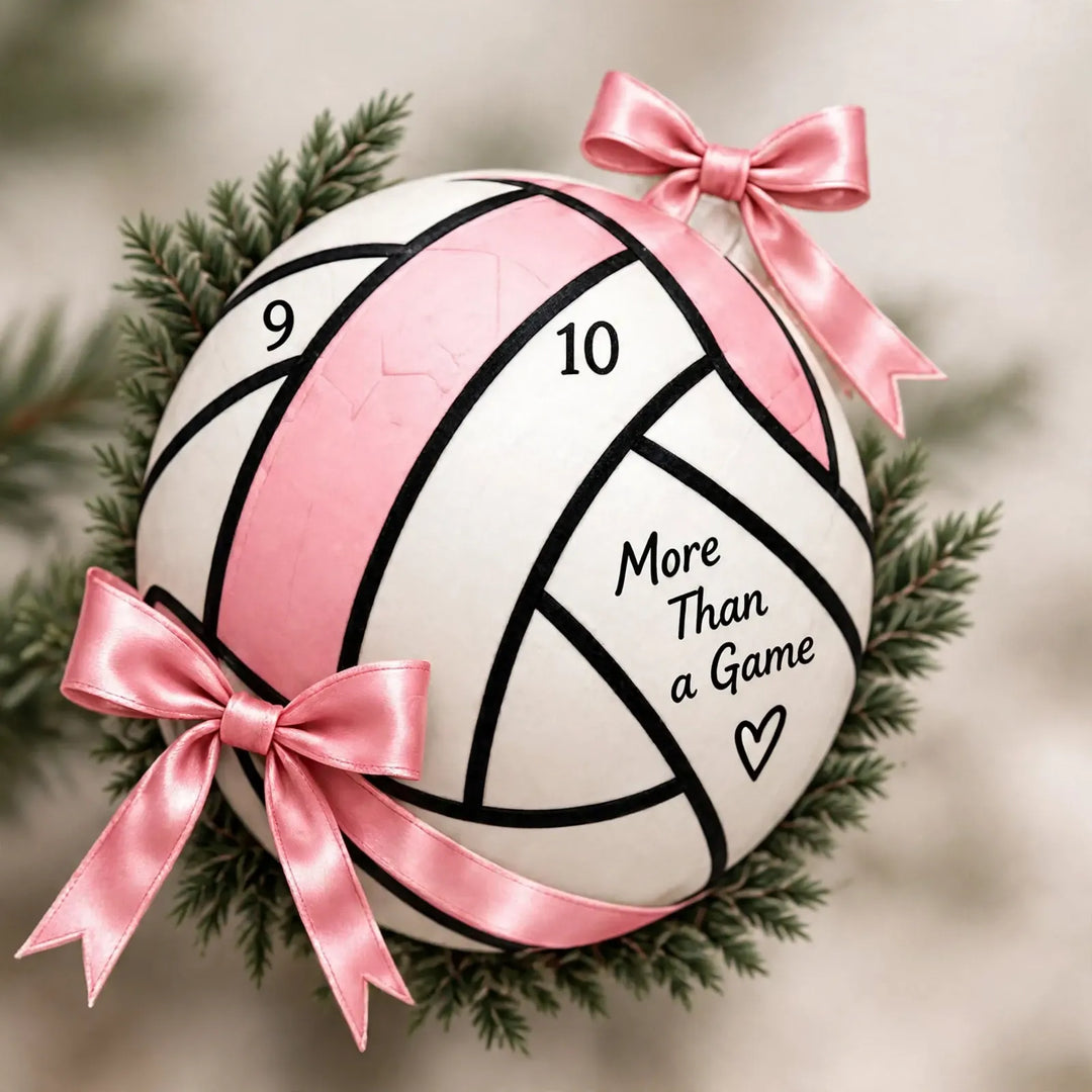 Gros plan sur le décor de la boîte : ballon de volley rose et blanc, nœuds en satin et branches de sapin 3