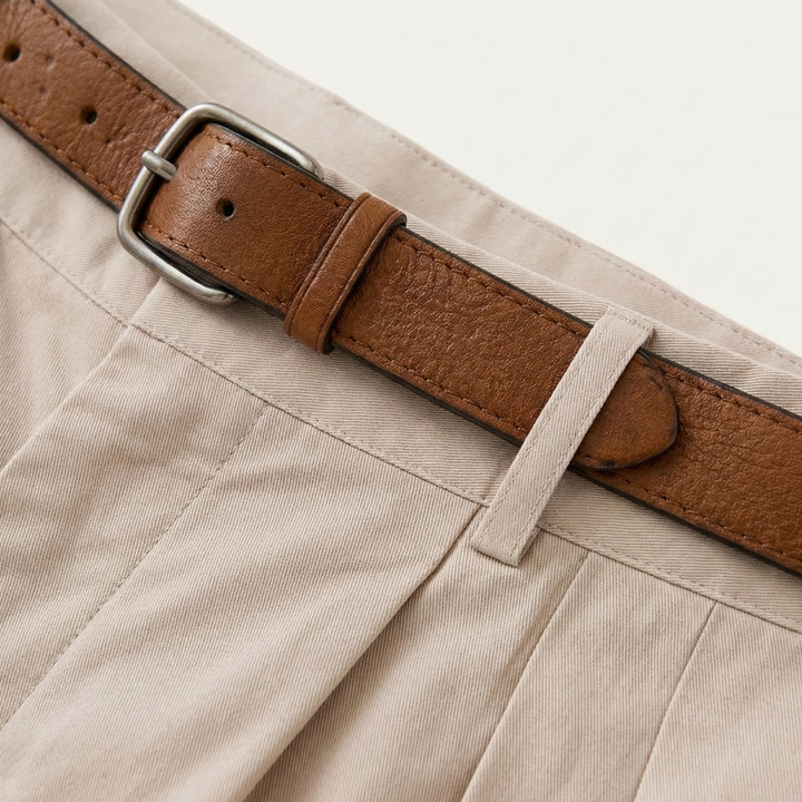 Gros plan sur la ceinture en cuir marron à boucle métallique, la passe de ceinture et la taille du short beige. 3